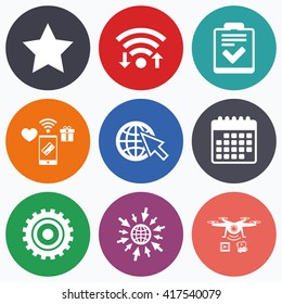 Wifi, mobile payments and drones icons. Star favorite and globe with mouse cursor icons. Checklist and cogwheel gear sign symbols. Calendar symbol.