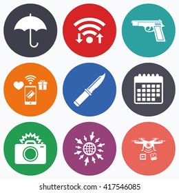 Wifi, mobile payments and drones icons. Gun weapon icon.Knife, umbrella and photo camera with flash signs. Edged hunting equipment. Prohibition objects. Calendar symbol.