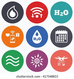 Wifi, mobile payments and drones icons. H2O Water drop icons. Tear or Oil drop symbols. Calendar symbol.