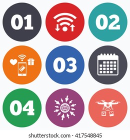 Wifi, mobile payments and drones icons. Step one, two, three and four icons. Sequence of options symbols. Loading process signs. Calendar symbol.