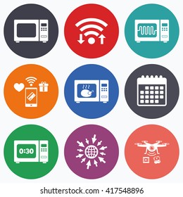 Wifi, mobile payments and drones icons. Microwave oven icons. Cook in electric stove symbols. Grill chicken with timer signs. Calendar symbol.