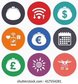 Wifi, mobile payments and drones icons. Wallet with Dollar, Euro and Pounds currency icons. Cash bag signs. Retro wealth symbol. Calendar symbol.