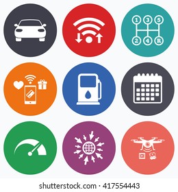 Wifi, mobile payments and drones icons. Transport icons. Car tachometer and manual transmission symbols. Petrol or Gas station sign. Calendar symbol.