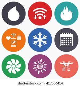 Wifi, mobile payments and drones icons. HVAC icons. Heating, ventilating and air conditioning symbols. Water supply. Climate control technology signs. Calendar symbol.