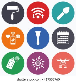 Wifi, mobile payments and drones icons. Paint roller, brush icons. Spray can and Spatula signs. Wall repair tool and painting symbol. Calendar symbol.