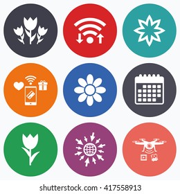 Wifi, mobile payments and drones icons. Flowers icons. Bouquet of roses symbol. Flower with petals and leaves. Calendar symbol.