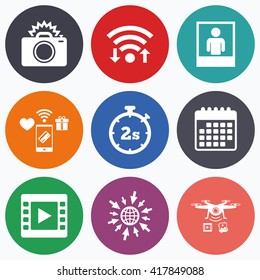 Wifi, mobile payments and drones icons. Photo camera icon. Flash light and video frame symbols. Stopwatch timer 2 seconds sign. Human portrait photo frame. Calendar symbol.