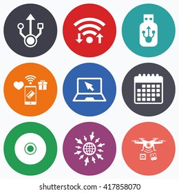 Wifi, mobile payments and drones icons. Usb flash drive icons. Notebook or Laptop pc symbols. CD or DVD sign. Compact disc. Calendar symbol.