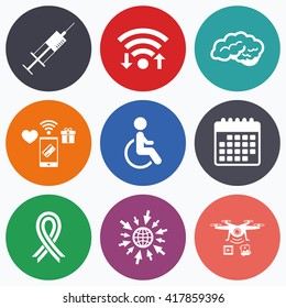 Wifi, mobile payments and drones icons. Medicine icons. Syringe, disabled, brain and ribbon signs. Breast cancer awareness symbol. Handicapped invalid. Calendar symbol.