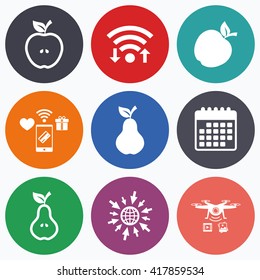 Wifi, mobile payments and drones icons. Fruits with leaf icons. Apple and Pear with seeds signs. Natural food symbol. Calendar symbol.