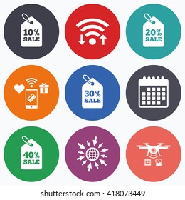 Wifi, mobile payments and drones icons. Sale price tag icons. Discount special offer symbols. 10%, 20%, 30% and 40% percent sale signs. Calendar symbol.