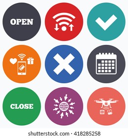 Wifi, mobile payments and drones icons. Open and Close icons. Check or Tick. Delete remove signs. Yes correct and cancel symbol. Calendar symbol.