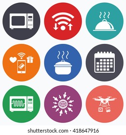 Wifi, mobile payments and drones icons. Microwave grill oven icons. Cooking pan signs. Food platter serving symbol. Calendar symbol.