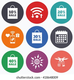 Wifi, mobile payments and drones icons. Sale bag tag icons. Discount special offer symbols. 10%, 20%, 30% and 40% percent sale signs. Calendar symbol.