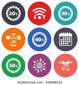 Wifi, mobile payments and drones icons. Sale discount icons. Special offer stamp price signs. 20, 30, 40 and 50 percent off reduction symbols. Calendar symbol.