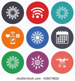 Wifi, mobile payments and drones icons. Snowflakes artistic icons. Air conditioning signs. Christmas and New year winter symbols. Calendar symbol.
