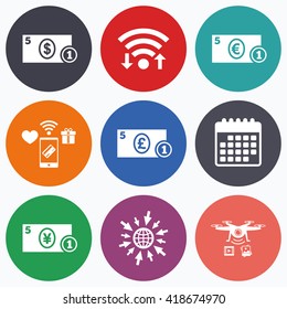 Wifi, mobile payments and drones icons. Businessman case icons. Dollar, yen, euro and pound currency sign symbols. Calendar symbol.