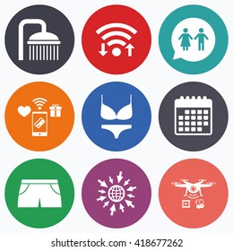 Wifi, mobile payments and drones icons. Swimming pool icons. Shower water drops and swimwear symbols. WC Toilet speech bubble sign. Trunks and women underwear. Calendar symbol.
