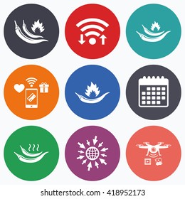 Wifi, mobile payments and drones icons. Hot chili pepper icons. Spicy food fire sign symbols. Calendar symbol.