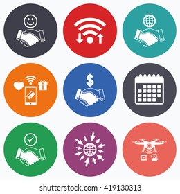 Wifi, mobile payments and drones icons. Handshake icons. World, Smile happy face and house building symbol. Dollar cash money. Amicable agreement. Calendar symbol.