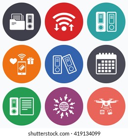 Wifi, mobile payments and drones icons. Accounting icons. Document storage in folders sign symbols. Calendar symbol.