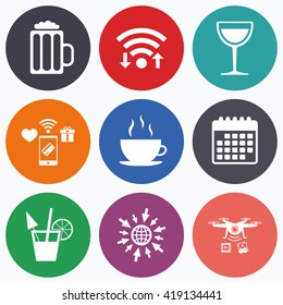 Wifi, mobile payments and drones icons. Drinks icons. Coffee cup and glass of beer symbols. Wine glass and cocktail signs. Calendar symbol.