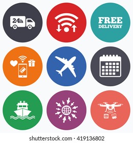 Wifi, mobile payments and drones icons. Cargo truck and shipping icons. Shipping and free delivery signs. Transport symbols. 24h service. Calendar symbol.