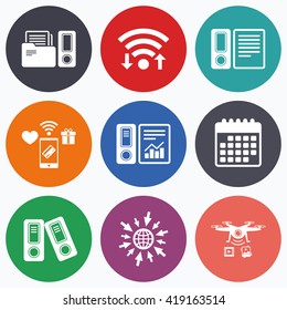 Wifi, mobile payments and drones icons. Accounting report icons. Document storage in folders sign symbols. Calendar symbol.