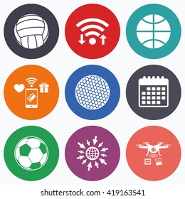 Wifi, mobile payments and drones icons. Sport balls icons. Volleyball, Basketball, Soccer and Golf signs. Team sport games. Calendar symbol.