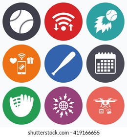 Wifi, mobile payments and drones icons. Baseball sport icons. Ball with glove and bat signs. Fireball symbol. Calendar symbol.