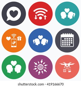Wifi, mobile payments and drones icons. Couple love icon. Lesbian and Gay lovers signs. Romantic homosexual relationships. Speech bubble with heart symbol. Calendar symbol.