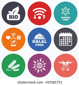 Wifi, mobile payments and drones icons. Natural Bio food icons. Halal and Kosher signs. Gluten free and star of David symbols. Calendar symbol.