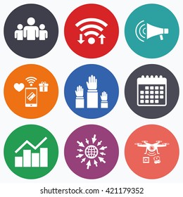 Wifi, mobile payments and drones icons. Strike group of people icon. Megaphone loudspeaker sign. Election or voting symbol. Hands raised up. Calendar symbol.