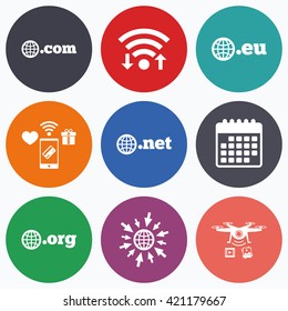 Wifi, mobile payments and drones icons. Top-level internet domain icons. Com, Eu, Net and Org symbols with globe. Unique DNS names. Calendar symbol.