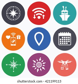 Wifi, mobile payments and drones icons. Windrose navigation compass icons. Shipping delivery sign. Location map pointer symbol. Calendar symbol.