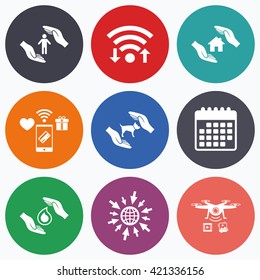 Wifi, mobile payments and drones icons. Hands insurance icons. Shelter for pets dogs symbol. Save water drop symbol. House property insurance sign. Calendar symbol.
