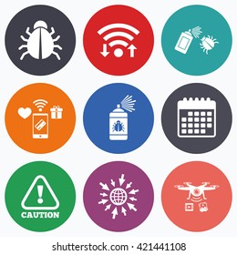 Wifi, mobile payments and drones icons. Bug disinfection icons. Caution attention symbol. Insect fumigation spray sign. Calendar symbol.