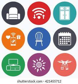 Wifi, mobile payments and drones icons. Furniture icons. Cupboard, chair and TV table signs. Modern armchair symbol. Calendar symbol.