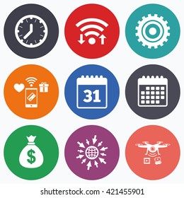 Wifi, mobile payments and drones icons. Business icons. Calendar and mechanical clock signs. Dollar money bag and gear symbols. Calendar symbol.