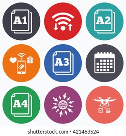 Wifi, mobile payments and drones icons. Paper size standard icons. Document symbols. A1, A2, A3 and A4 page signs. Calendar symbol.