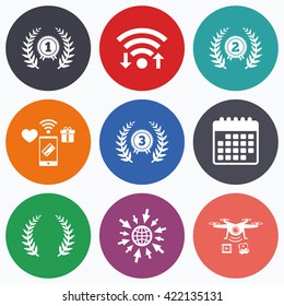 Wifi, mobile payments and drones icons. Laurel wreath award icons. Prize for winner signs. First, second and third place medals symbols. Calendar symbol.