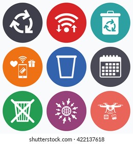 Wifi, mobile payments and drones icons. Recycle bin icons. Reuse or reduce symbols. Trash can and recycling signs. Calendar symbol.