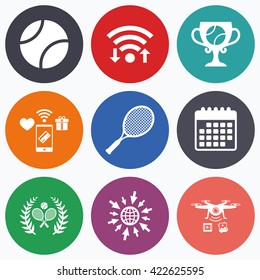 Wifi, mobile payments and drones icons. Tennis ball and rackets icons. Winner cup sign. Sport laurel wreath winner award symbol. Calendar symbol.