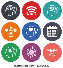 Wifi, mobile payments and drones icons. Head with brain and idea lamp bulb icons. Female woman think symbols. Cogwheel gears signs. Love heart. Calendar symbol.
