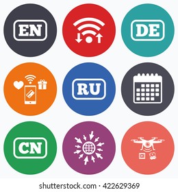 Wifi, mobile payments and drones icons. Language icons. EN, DE, RU and CN translation symbols. English, German, Russian and Chinese languages. Calendar symbol.