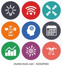 Wifi, mobile payments and drones icons. Lamp idea and head with gear icons. Graph chart diagram sign. Teamwork symbol. Calendar symbol.