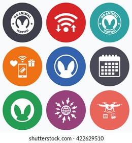 Wifi, mobile payments and drones icons. No animals testing icons. Non-human experiments signs symbols. Calendar symbol.