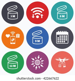Wifi, mobile payments and drones icons. After opening use icons. Expiration date 6-12 months of product signs symbols. Shelf life of grocery item. Calendar symbol.