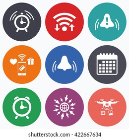Wifi, mobile payments and drones icons. Alarm clock icons. Wake up bell signs symbols. Exclamation mark. Calendar symbol.