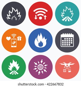 Wifi, mobile payments and drones icons. Fire flame icons. Heat symbols. Inflammable signs. Calendar symbol.